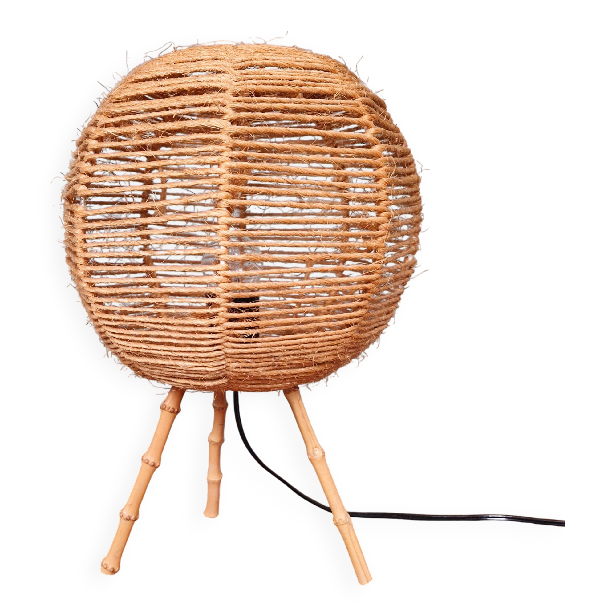 Lampe tripode vintage en corde, années 60