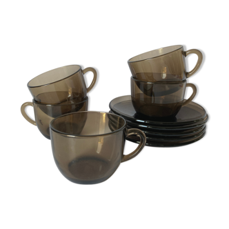 Service de 5 tasses a café en verre noir transparent vereco france- retro - vintage