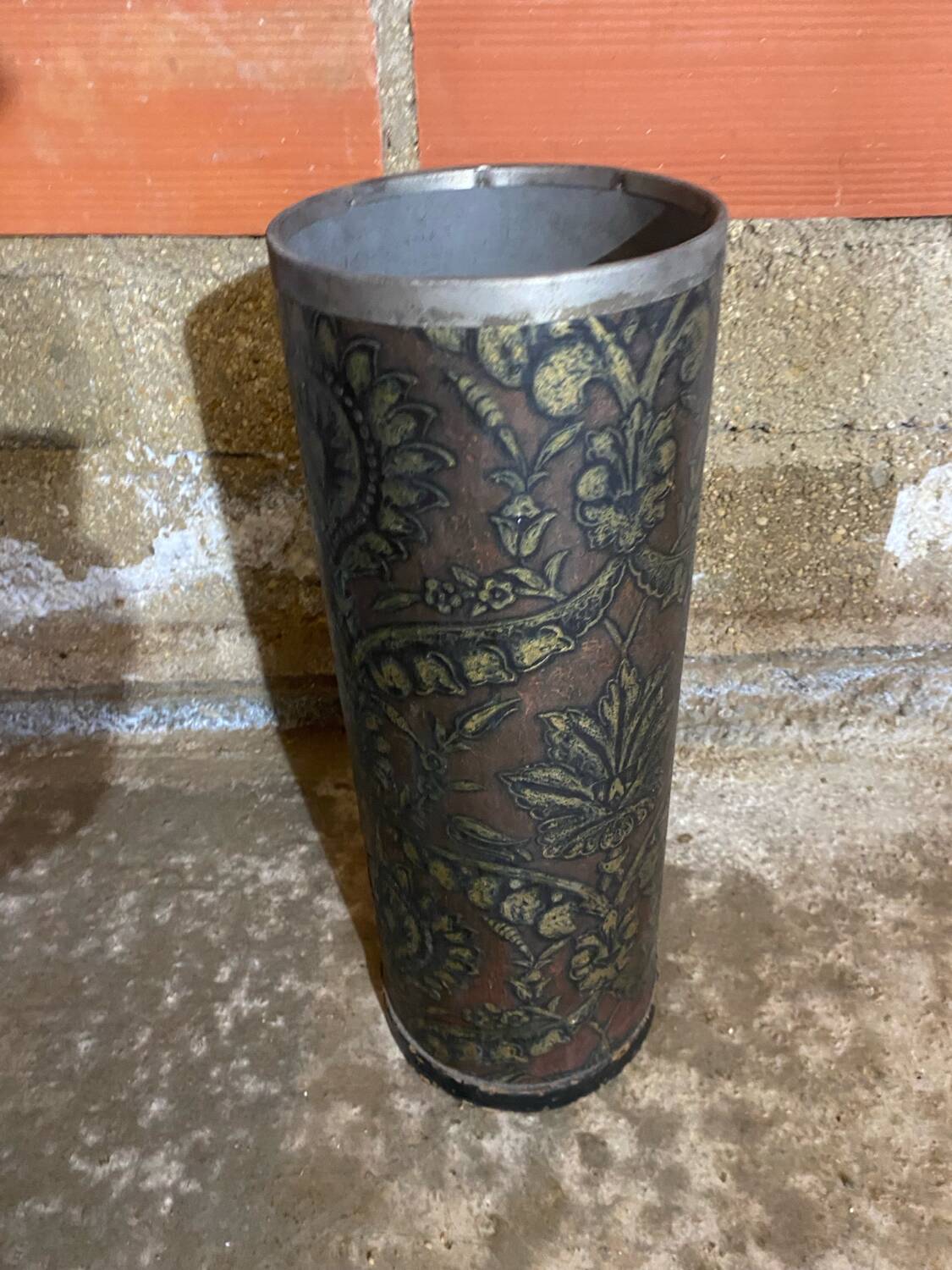 Vintage Lincrusta Loreid Umbrella Stand in Leather with Metal Rim