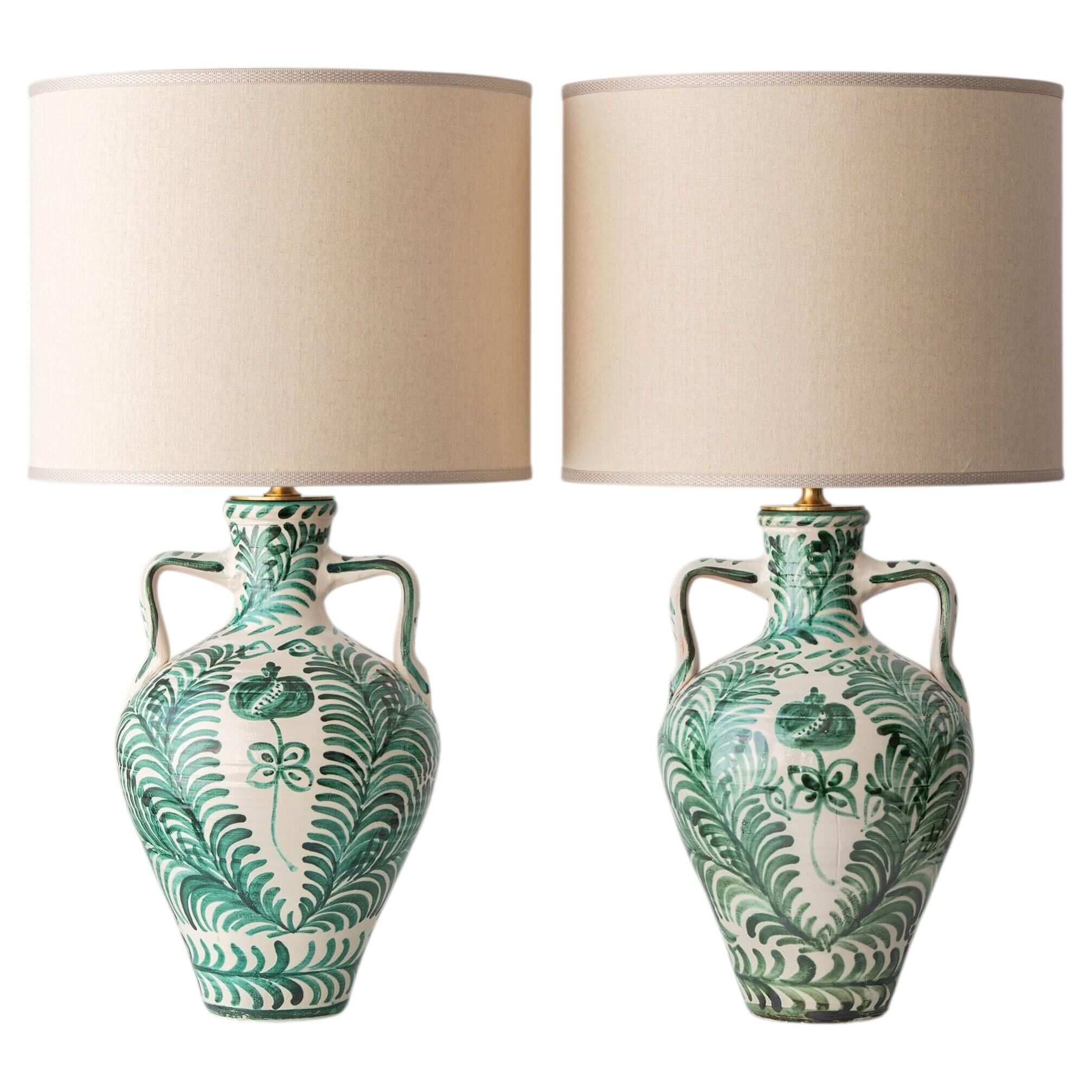 Pair of Spanish Revival Ceramic Table Lamps from Granada, New Linen Lampshades