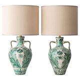Pair of Spanish Revival Ceramic Table Lamps from Granada, New Linen Lampshades