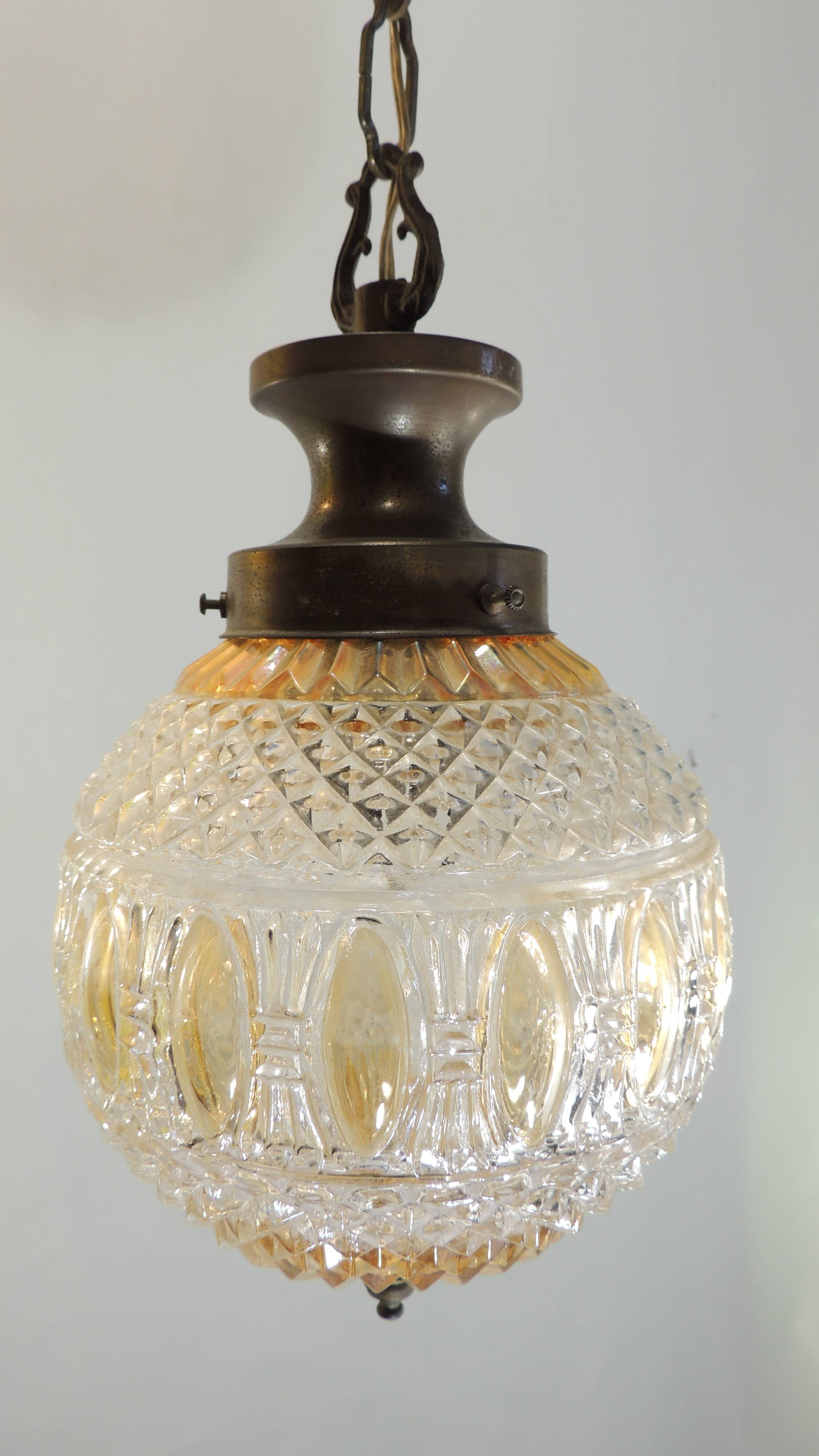 Vintage pendant light in molded glass and brass, glass ball hanging lamp
