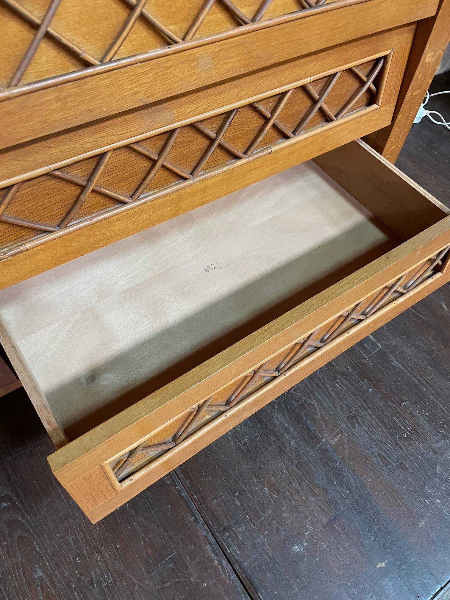 Armoire, secrétaire, commode en bois et rotin, années 60