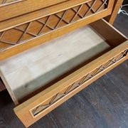 Wardrobe, desk, wooden and rattan chest of drawers, 1960s.