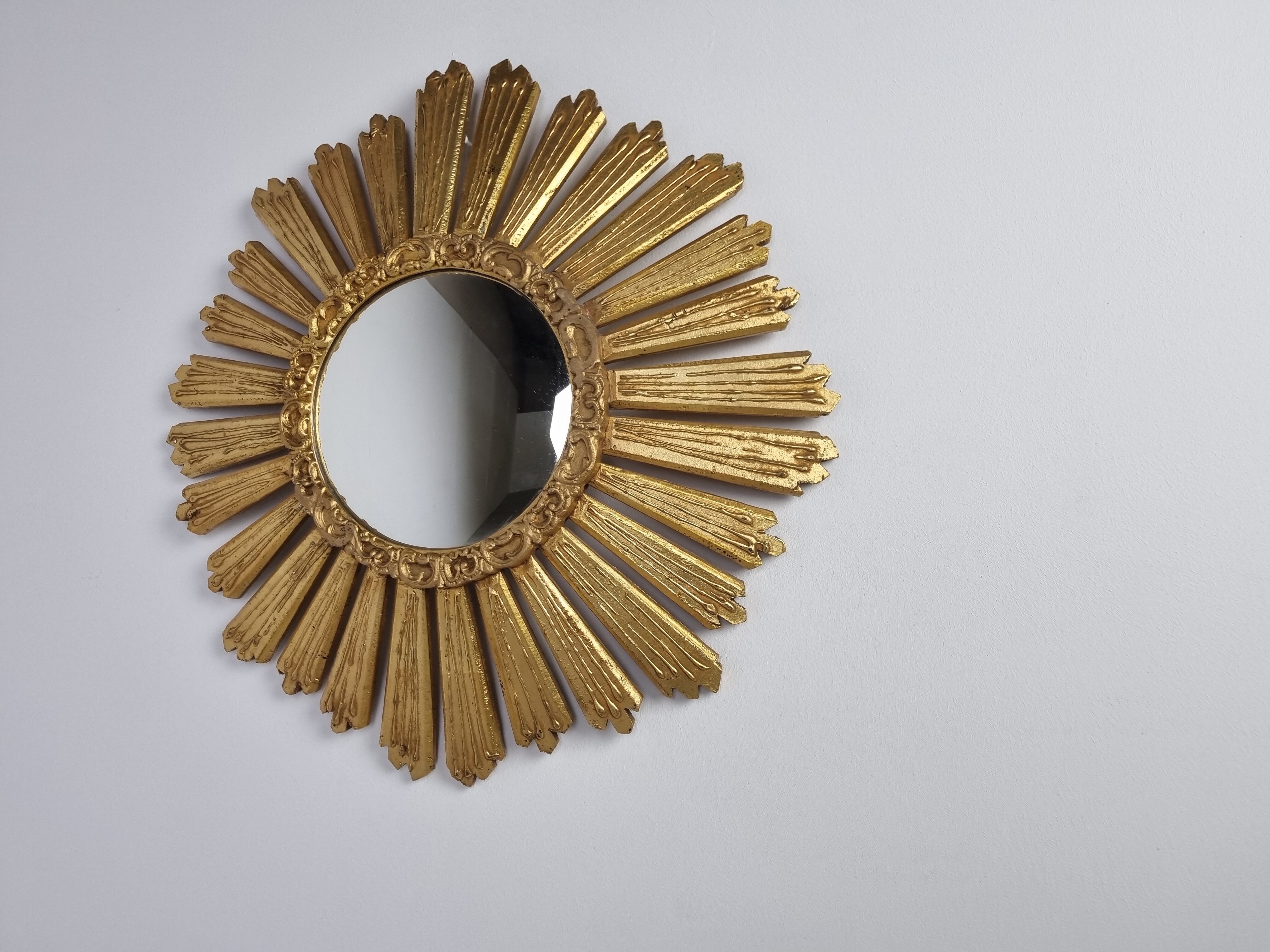 Large vintage golden sunburst mirror 1960s 63cm
