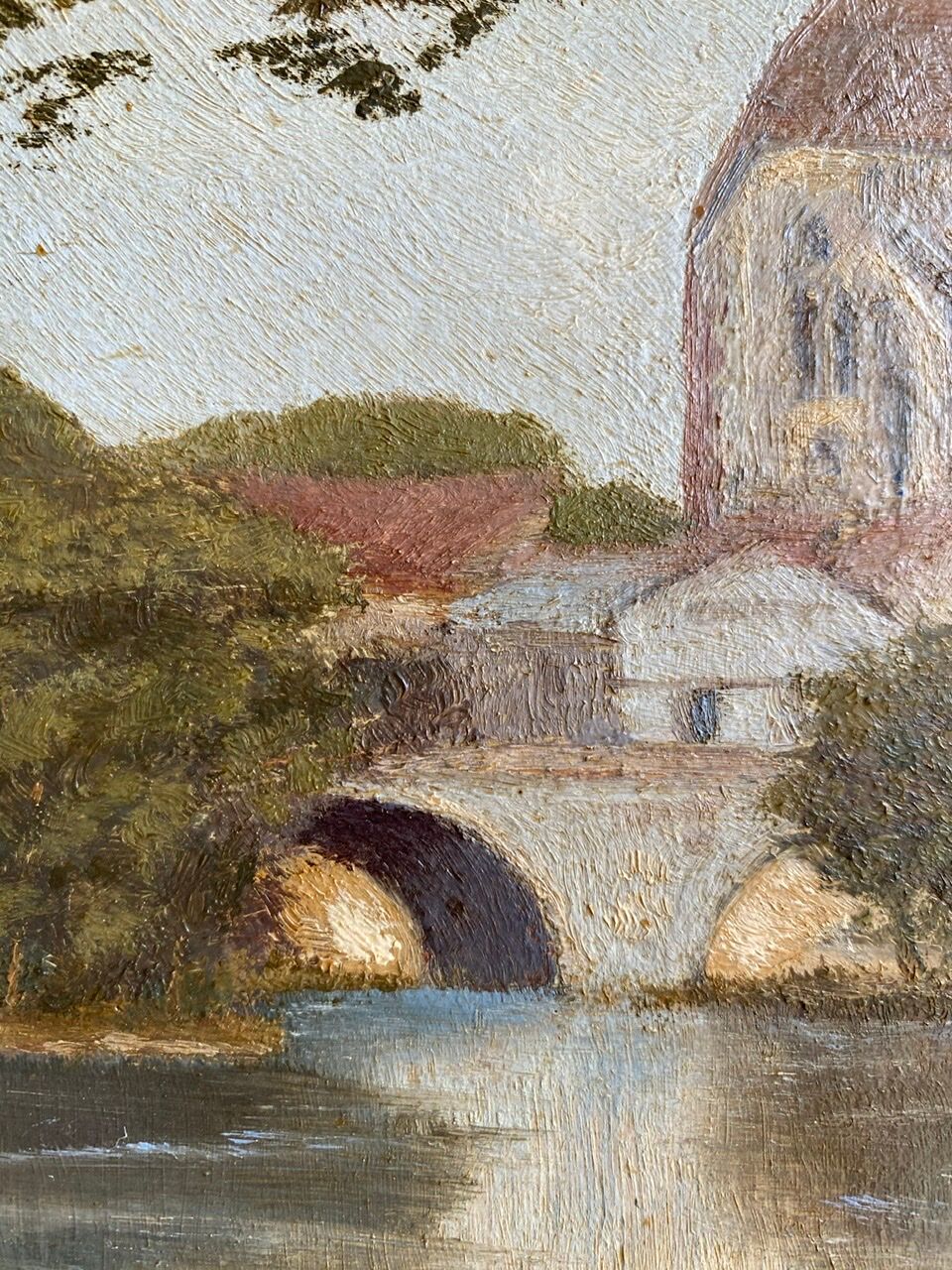 Ancient painting, landscape at the river signed and dated 1946