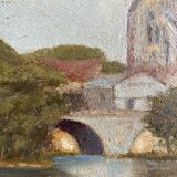 Ancient painting, landscape at the river signed and dated 1946