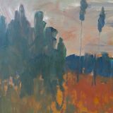 Peinture à l’huile de paysage vintage suédoise « Récolte d’automne » moderne du milieu du siècle, encadrée