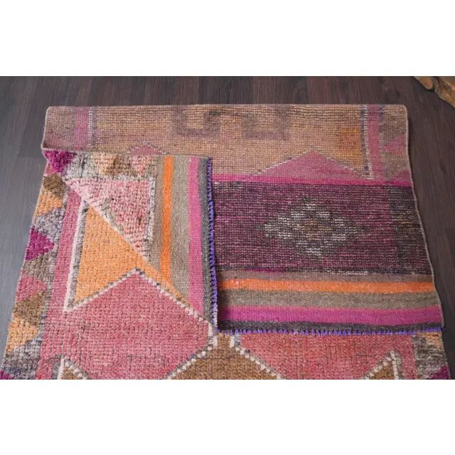 Vintage Turkish Hand-Knotted Wool Cotton Pink Runner 101x333