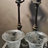 2 lampes tripode empire  napoleon 1890 tulipes gravé a l acide dans le bacara non signe 46x15