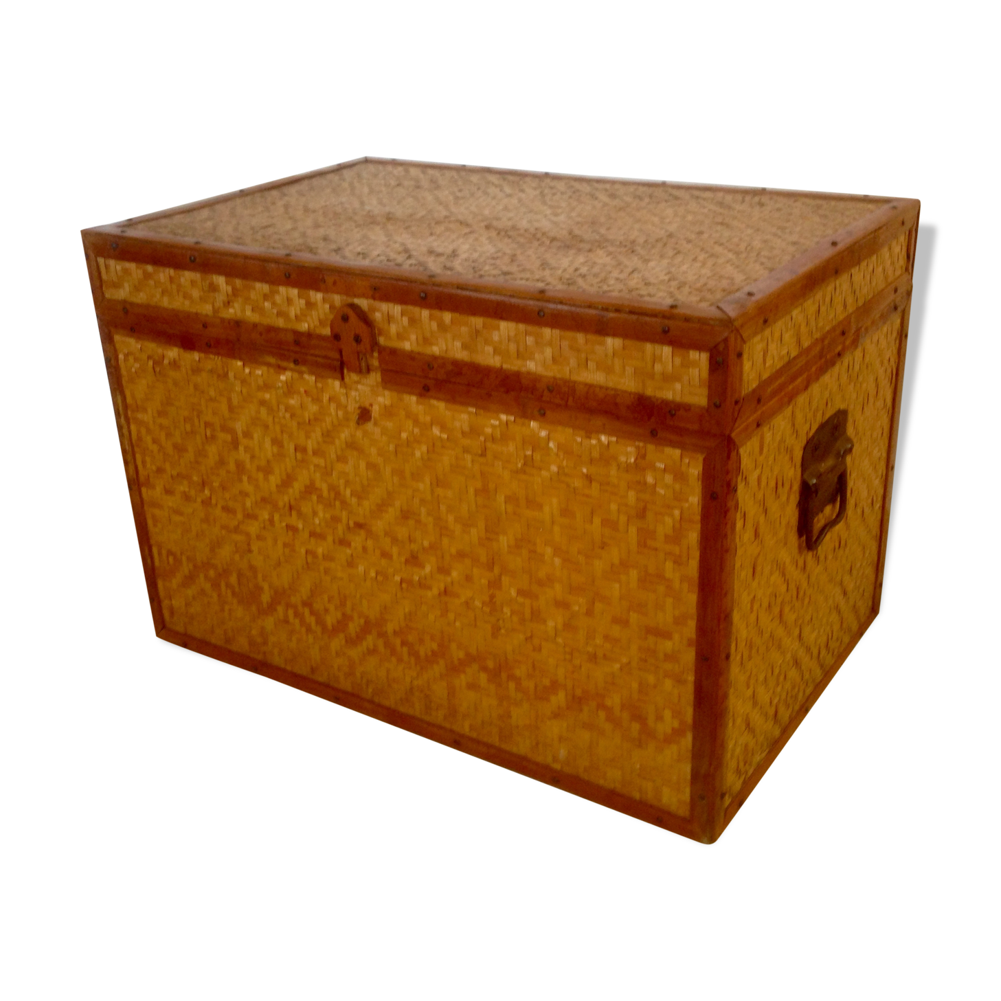 Trunk in wood, bamboo, caning Wicker woven circa 1960