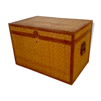 Trunk in wood, bamboo, caning Wicker woven circa 1960