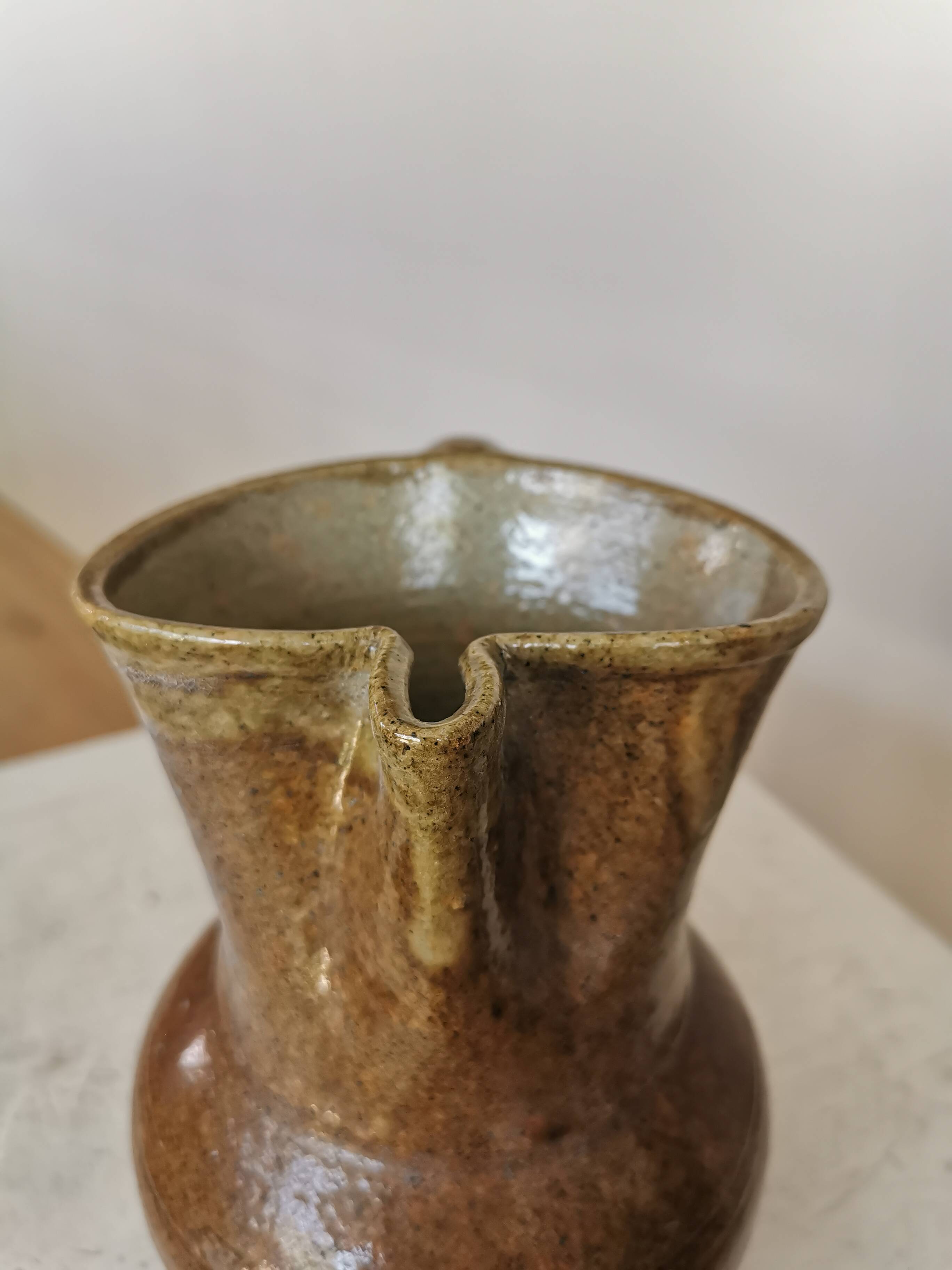 Vintage Studio Pottery Owl Pitcher: Speckled Glaze Stoneware Vase