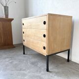 Three-drawer commode ARP — Minvielle, oak and lacquered metal, France, years
