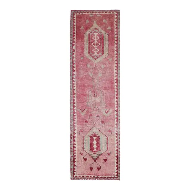 Vintage Turkish Oushak Handmade Wool Cotton Pink Runner Rug 90x312