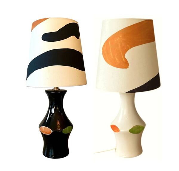 Lampe vintage en céramique noire - 1950 / 1960 - Abat-jour fait main.