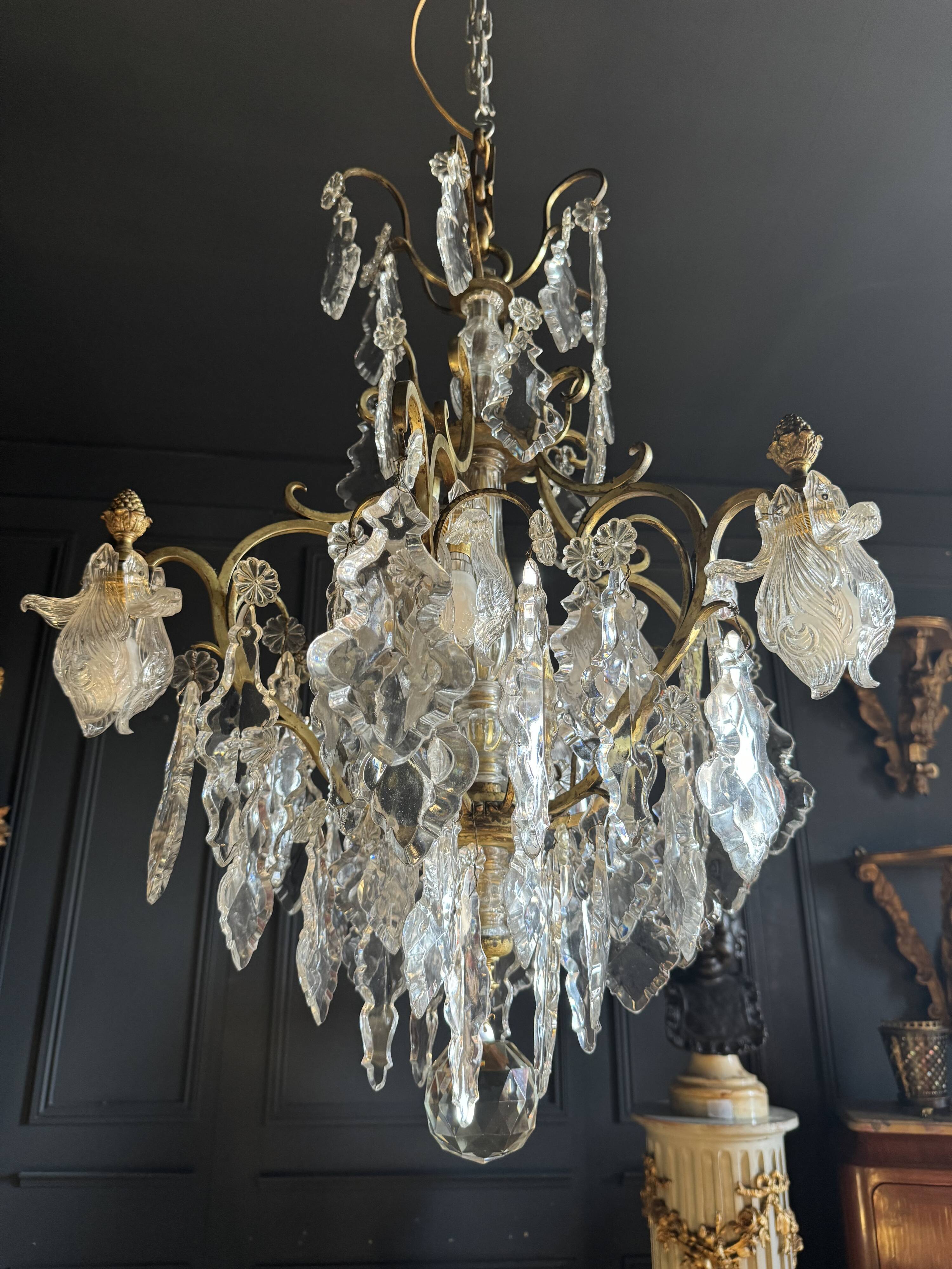 19th Century Cage Chandelier in Crystal and Gilded Bronze (Good Quality)