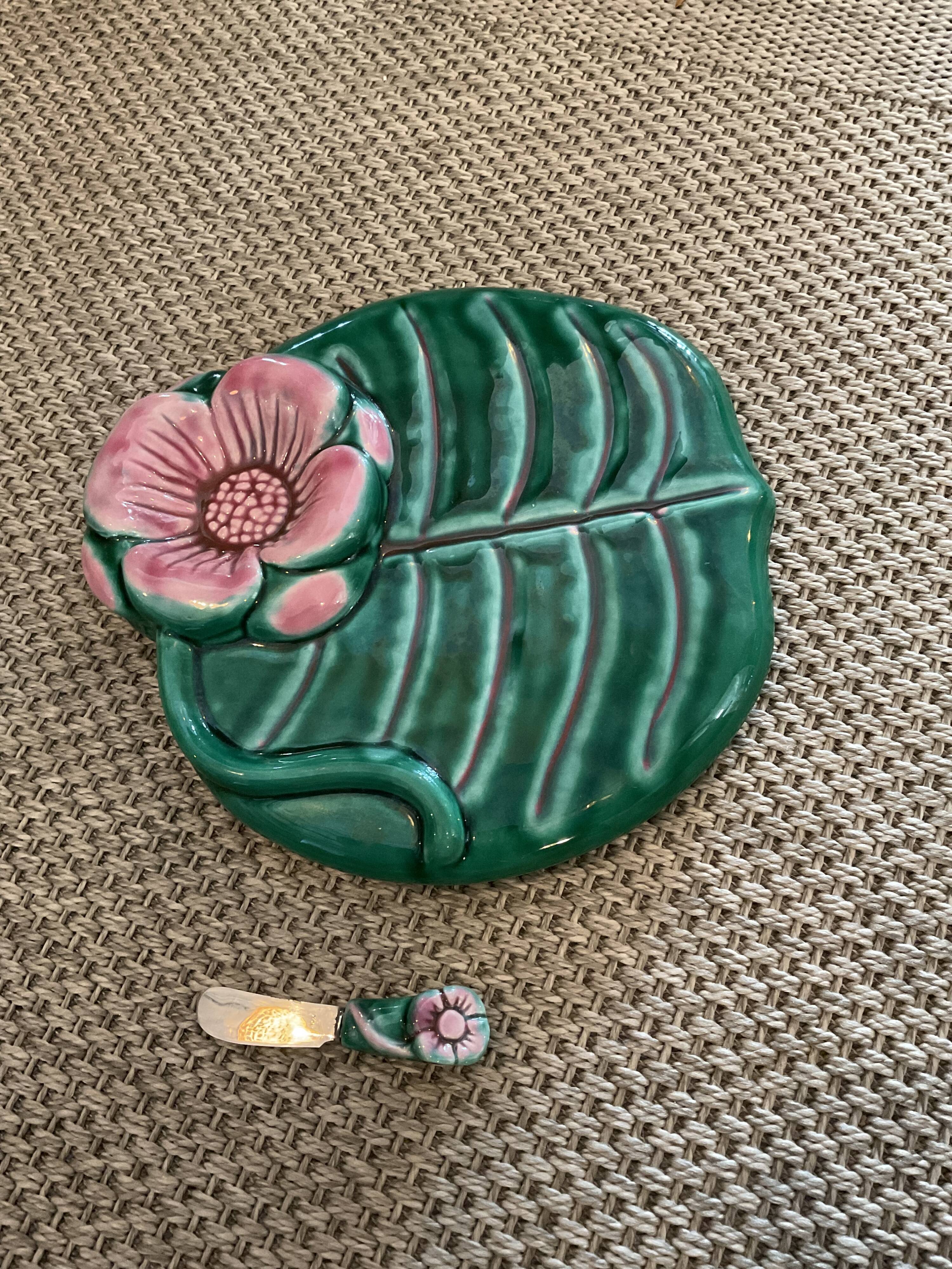 Ceramic dish and its knife, Vallauris