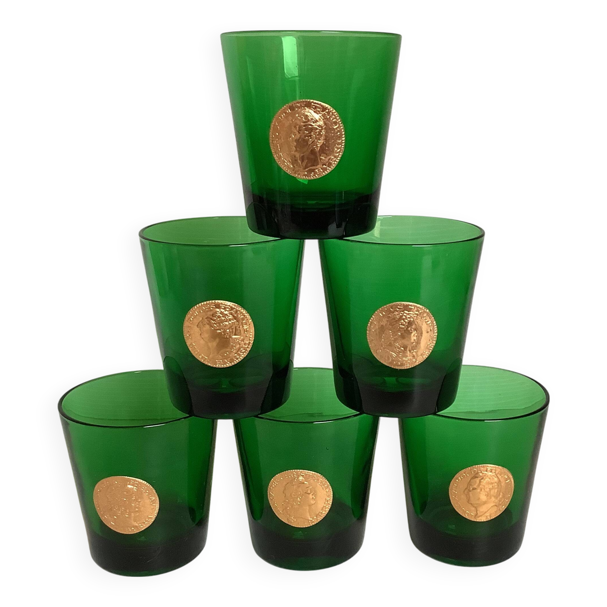 Six verres asymétriques en verre vert vintage