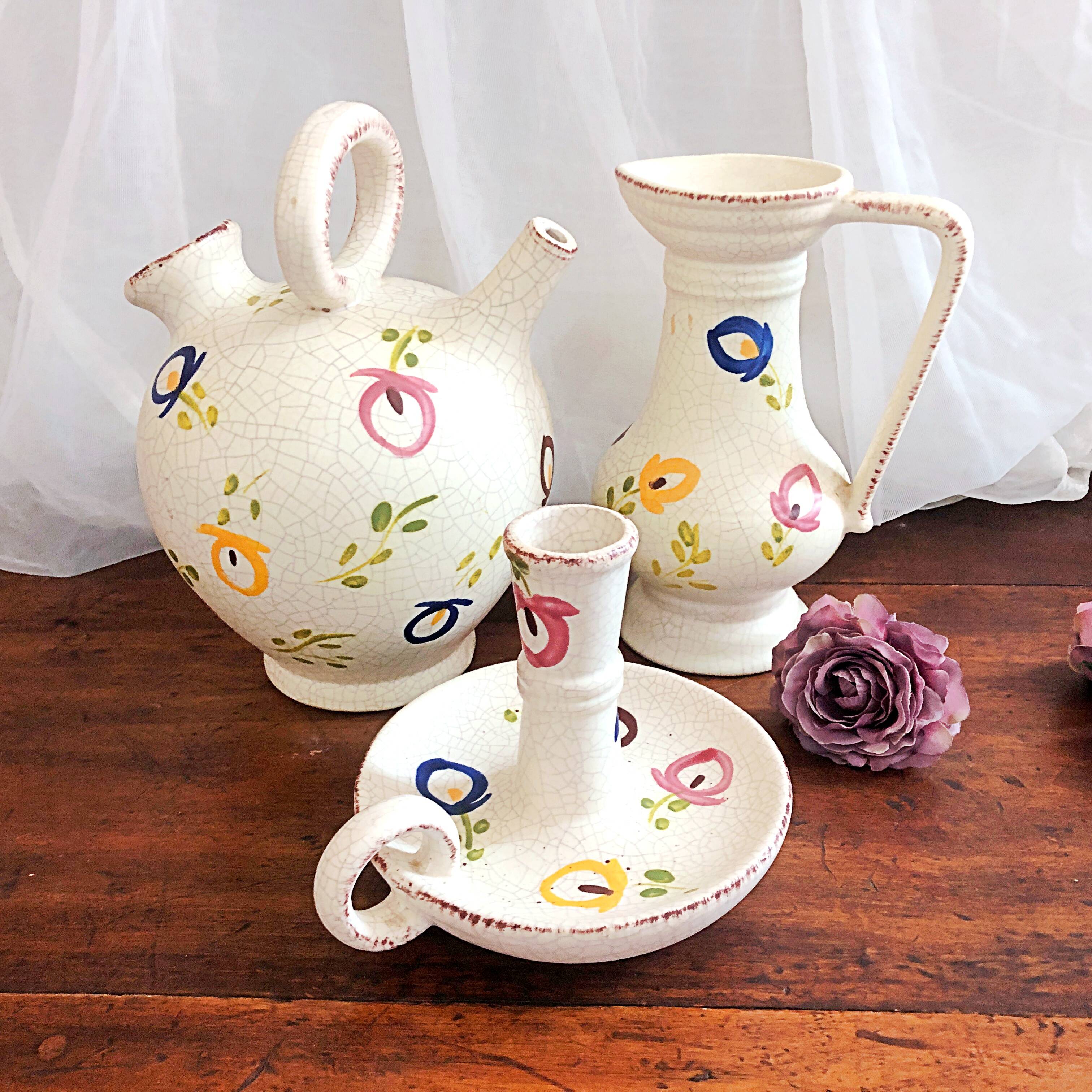 Carafe, gargoulette and candlestick artisanal pottery by Angèle de Poët-Laval