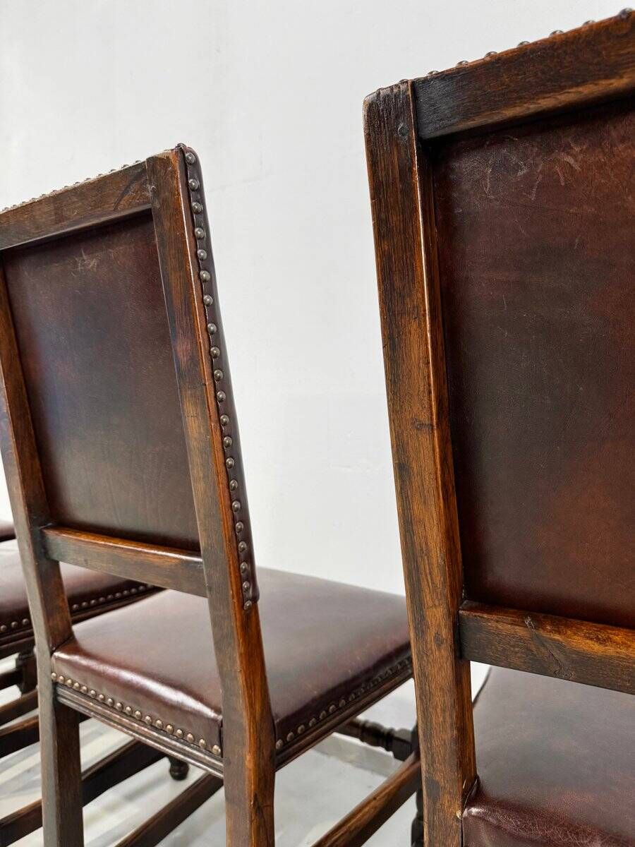 Vintage Handmade French Chairs in Leather & Oak, 1970s.