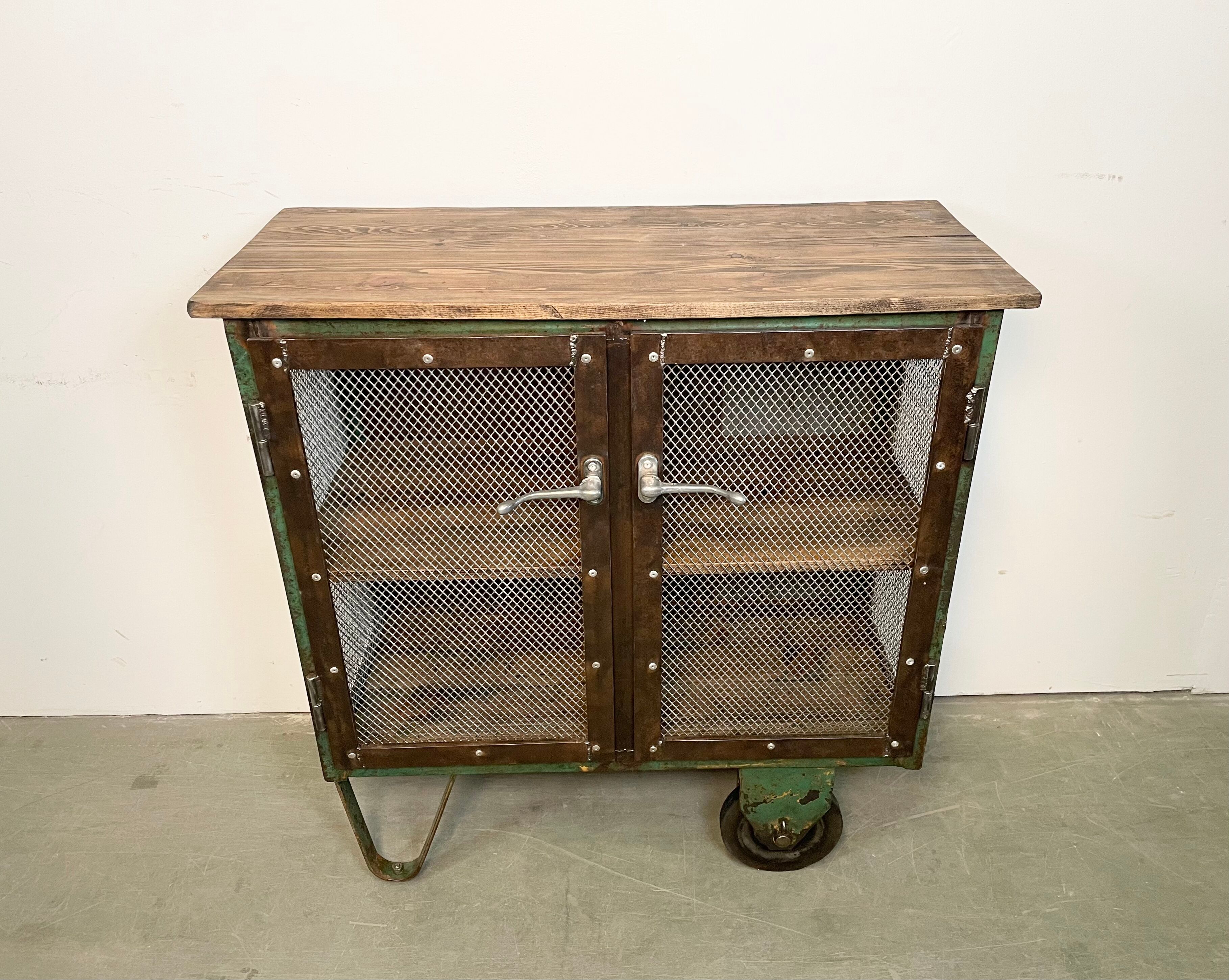Industrial Iron Cabinet with Mesh Doors on Wheels, 1960s