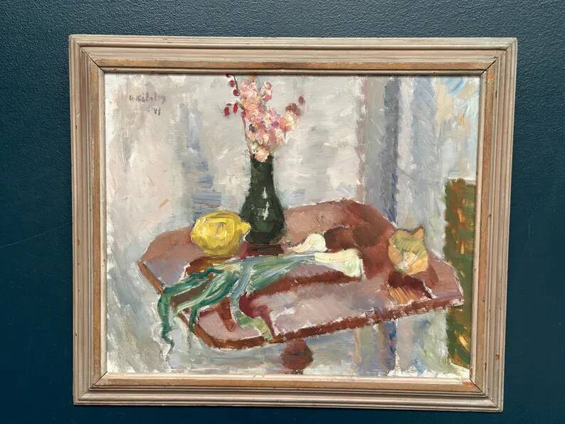 Original Swedish Oil on Panel – "Vase and Vegetables" by Arne Kilsby – Signed – Vintage and Framed – 54 × 46 cm (21.3" × 18.1")