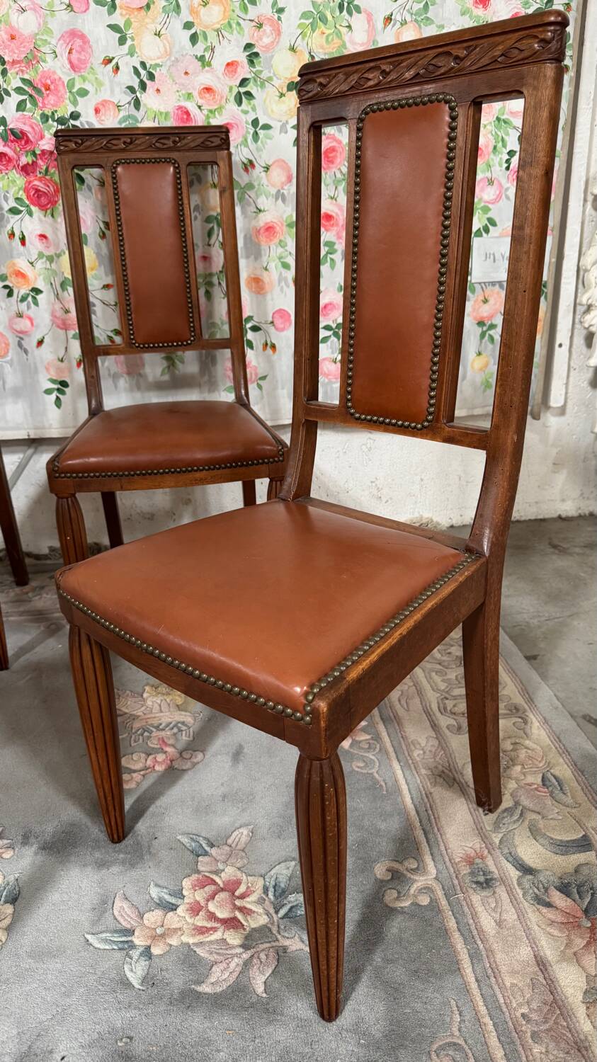 6 Art Deco walnut and leather chairs