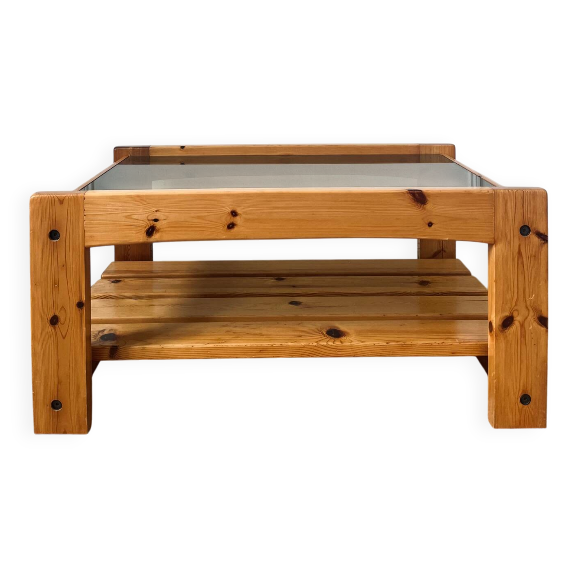 Pine and smoked glass coffee table, 70s-80s