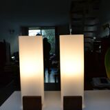 Pair of Louis Kalff opaline and teak wall lamps