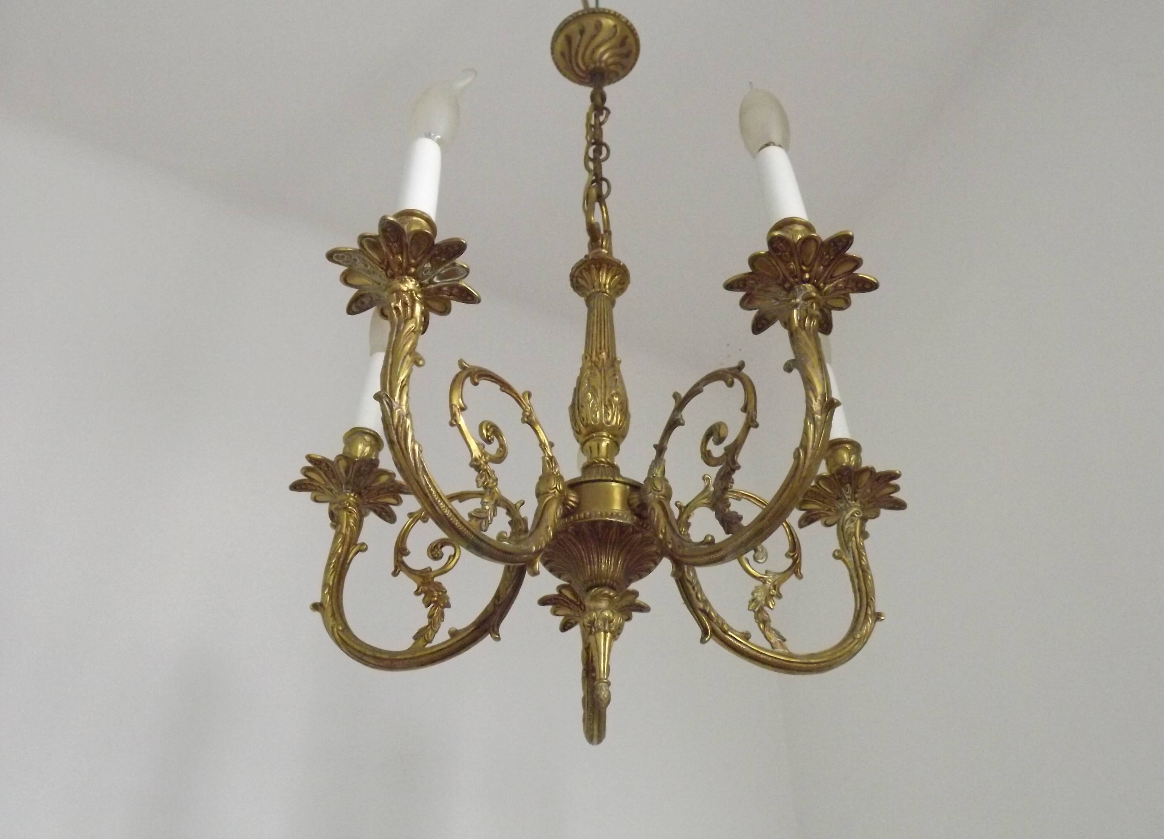 Elegant French Vintage Bronze 5-Light Art Nouveau Style Chandelier