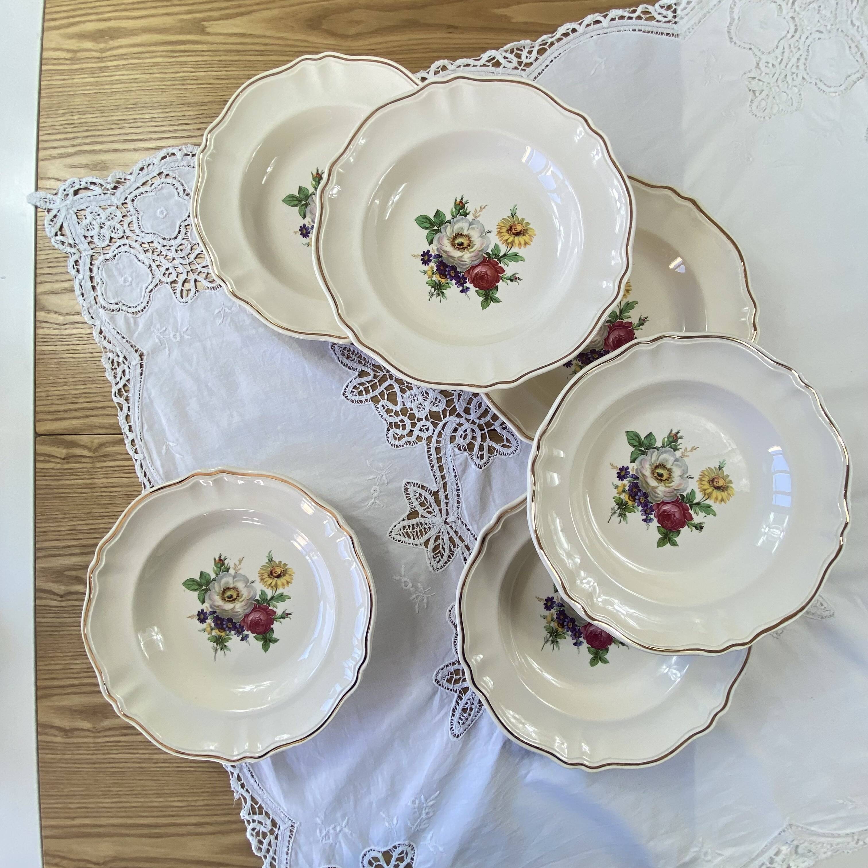 Set of 6 antique Badonviller earthenware soup plates with flowers and gilding