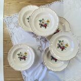 Set of 6 antique Badonviller earthenware soup plates with flowers and gilding