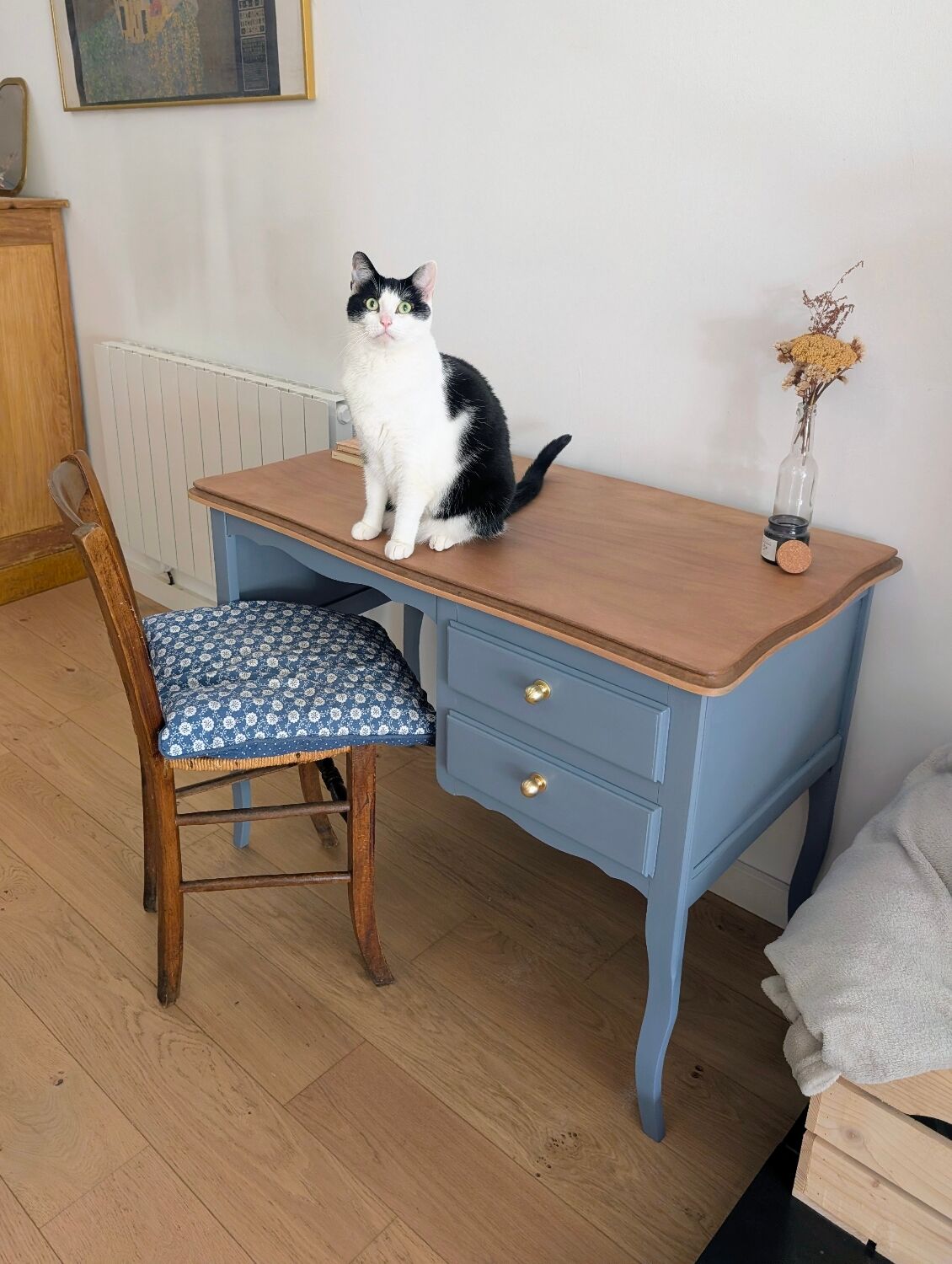 Blue wooden desk ready for its new life.
