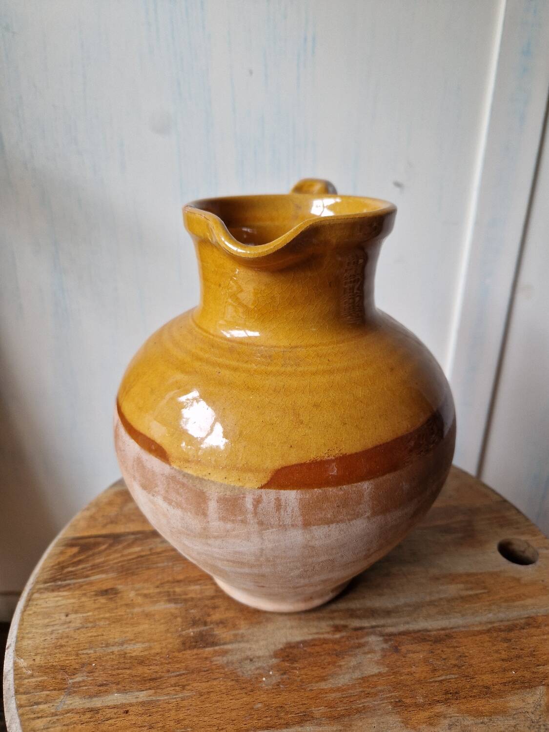 Antique glazed terracotta pitcher, brown semi-glazed jug, vase
