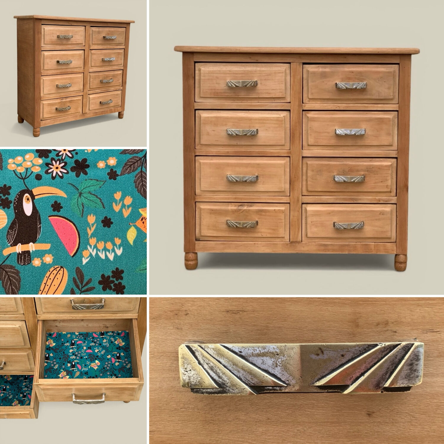 Art Deco chest of drawers in raw solid wood with 8 drawers.