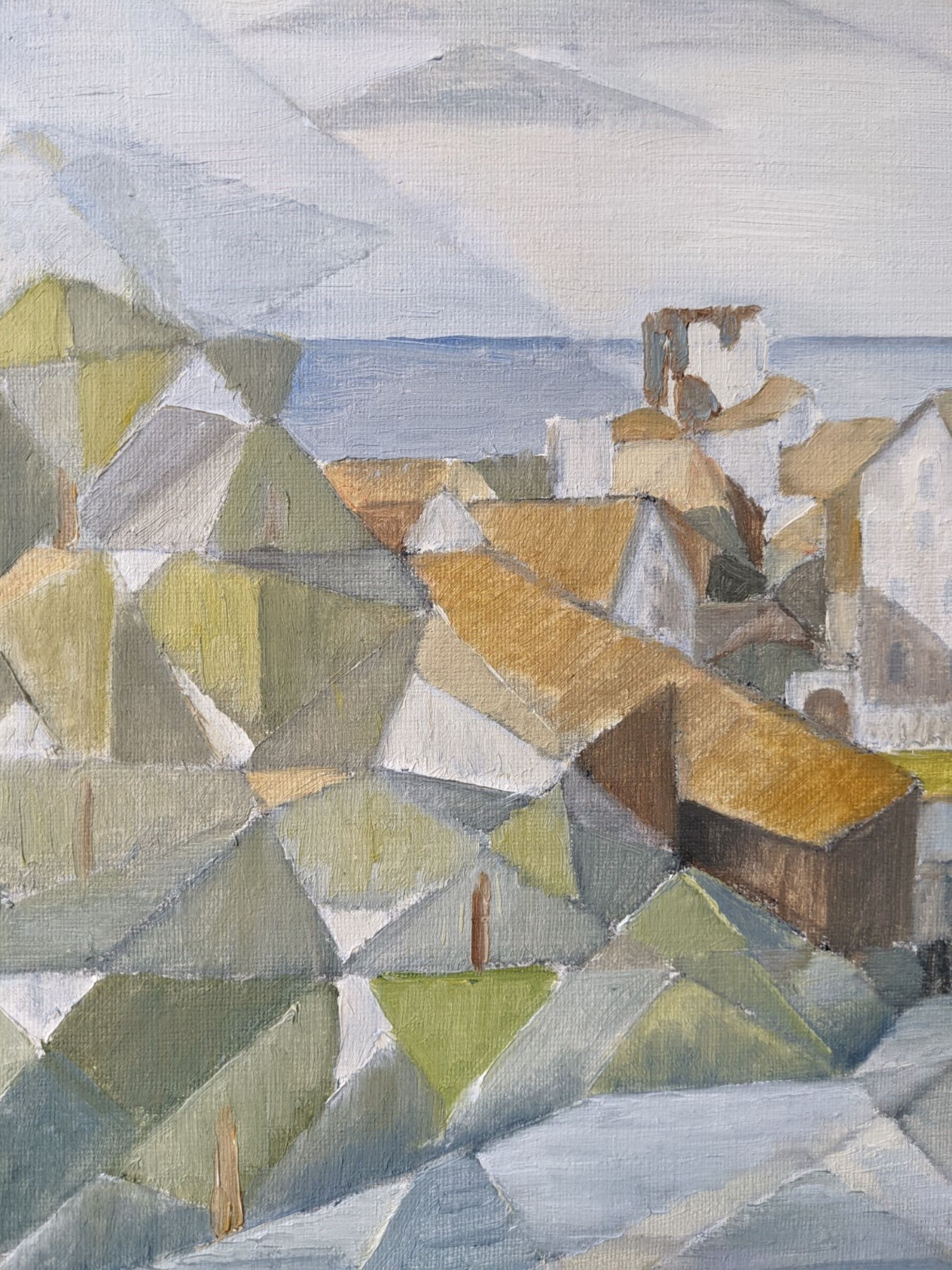 Framed Modernist Swedish Oil Painting "Cubist Coastal Town"