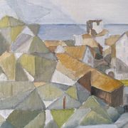 Framed Modernist Swedish Oil Painting "Cubist Coastal Town"