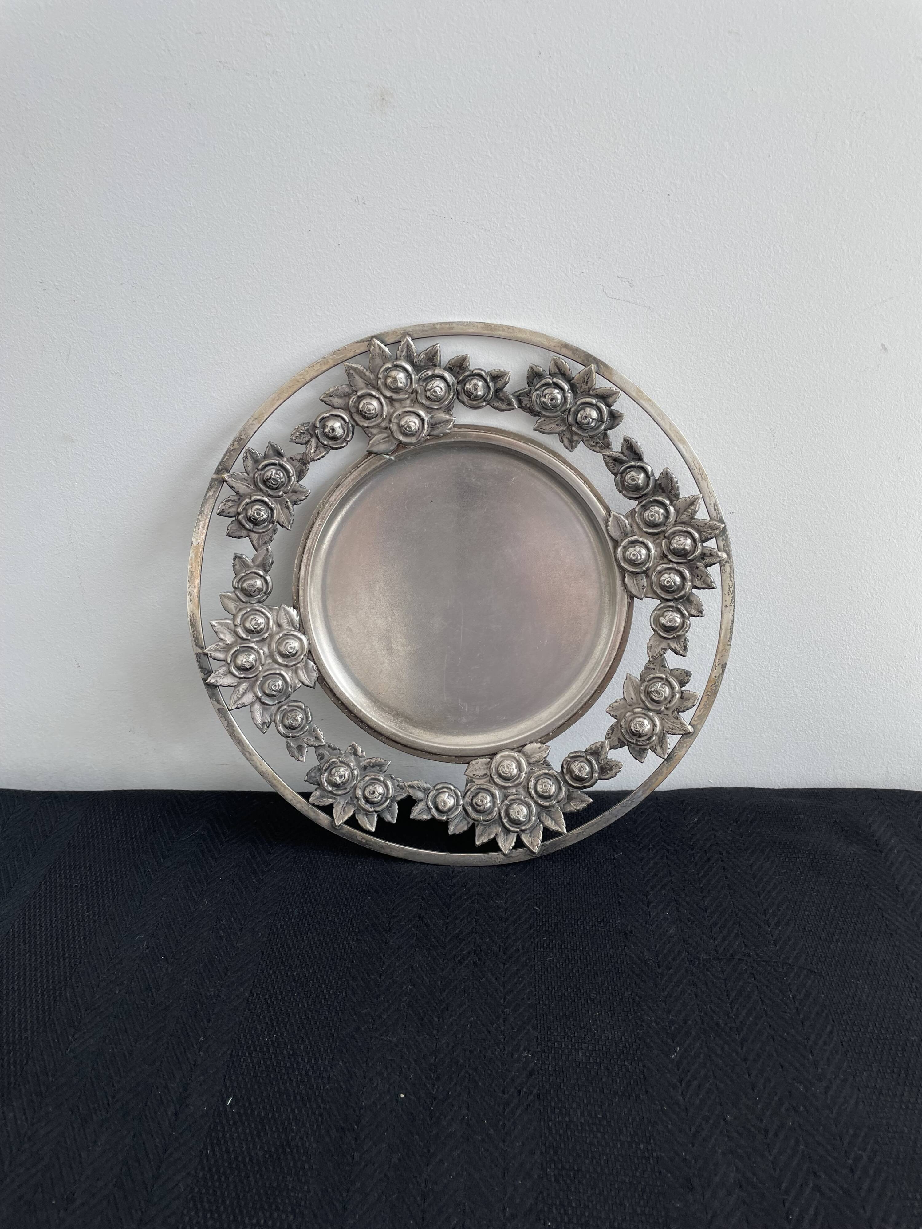 Vintage, round dish, silver metal, stylized leaf and rose decoration, French work, France