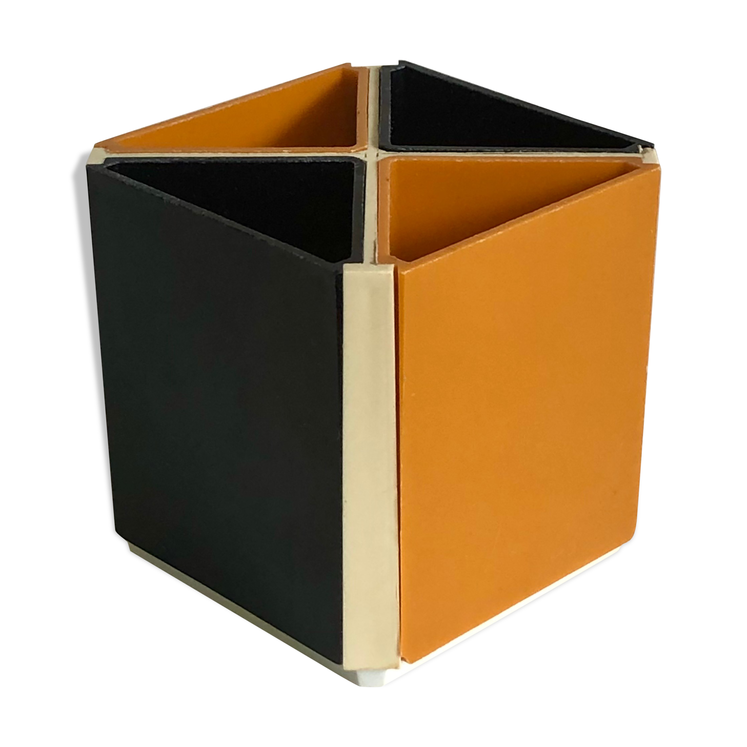 Black and orange plastic compartment pencil pot, 1970