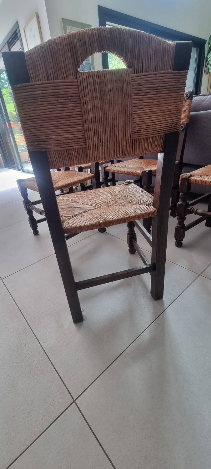 5 straw and wood chairs, brutalist 60s