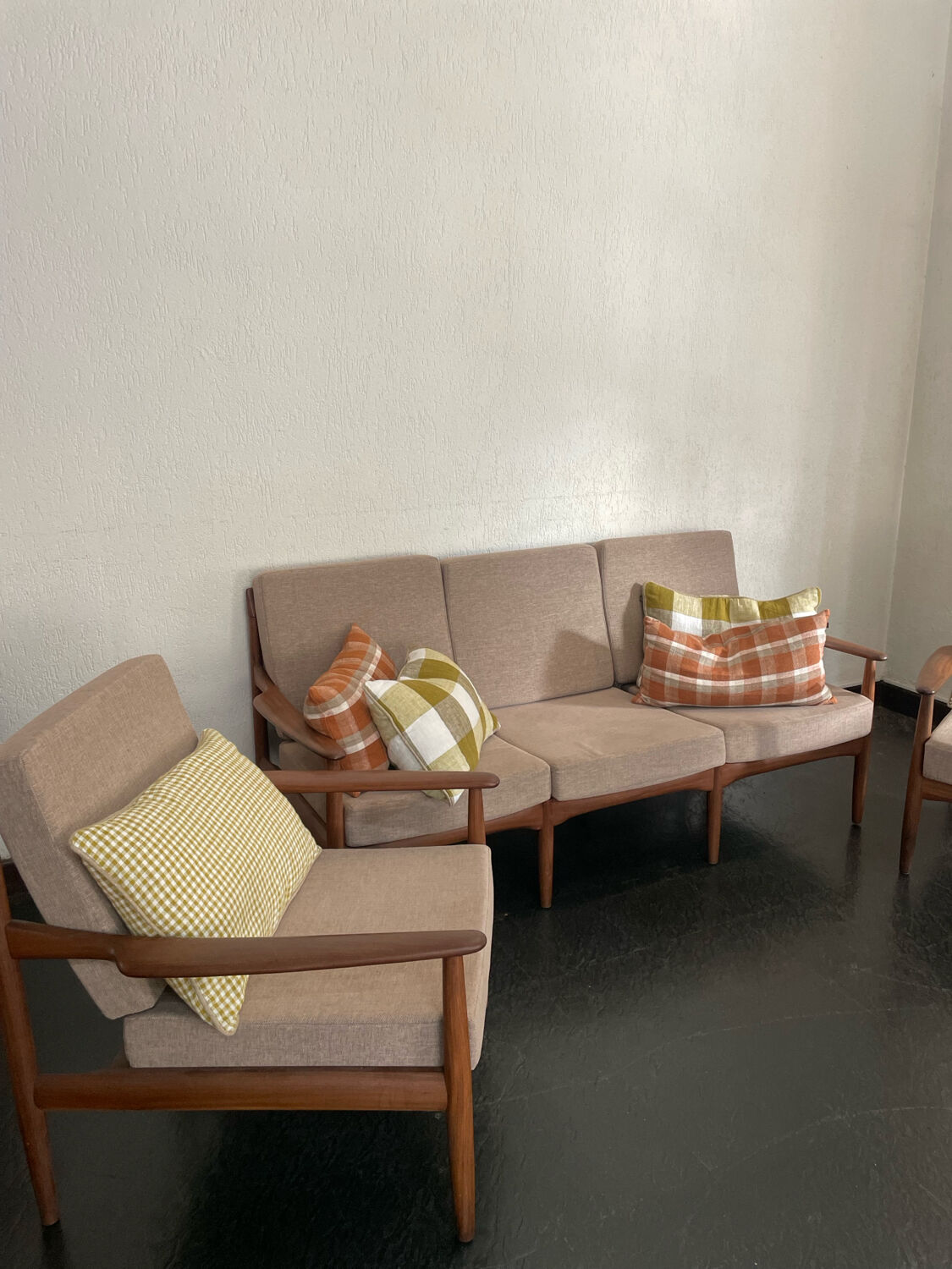 Vintage Scandinavian teak lounge — 3-seater sofa and two armchairs.