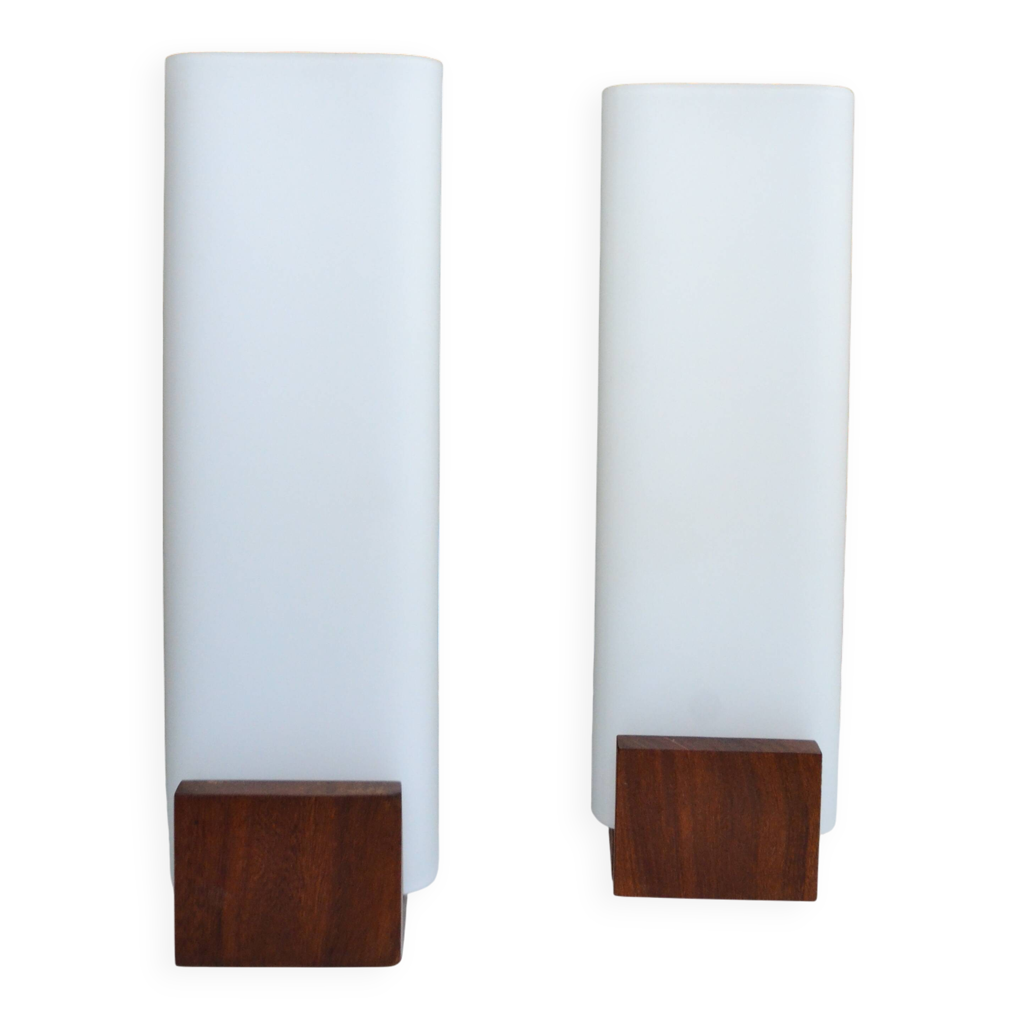 Pair of Louis Kalff opaline and teak wall lights from the 1950s/60s
