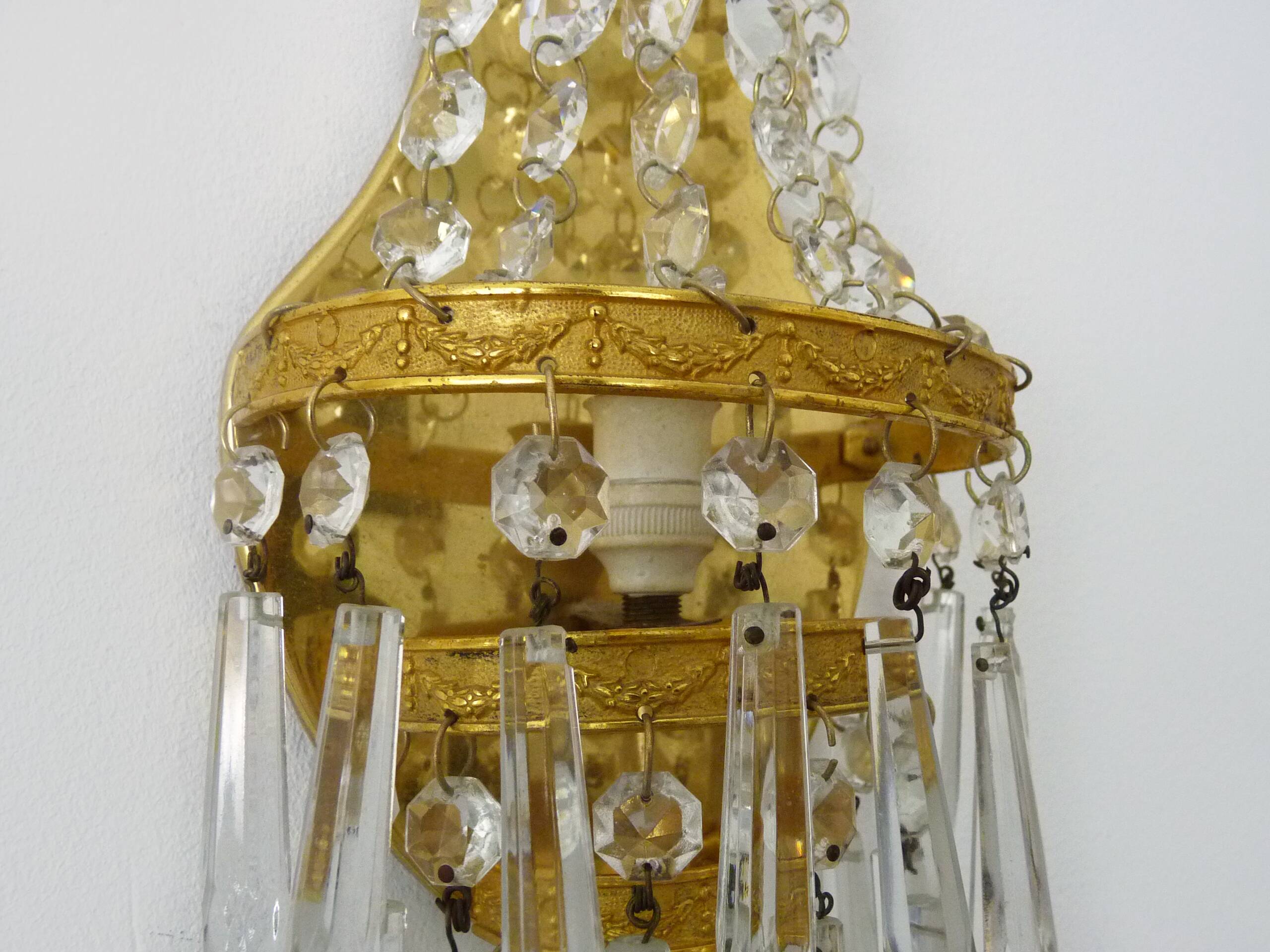 Pair of vintage 3-tiered hot air balloon wall sconces with glass tassels. 1960s