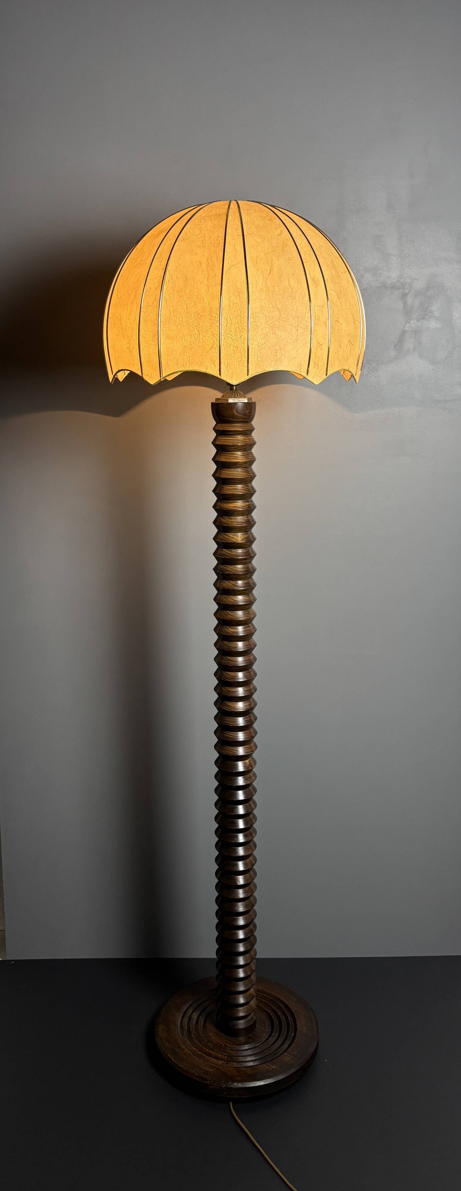 Brutalist midcentury wood turned cocoon floor lamp