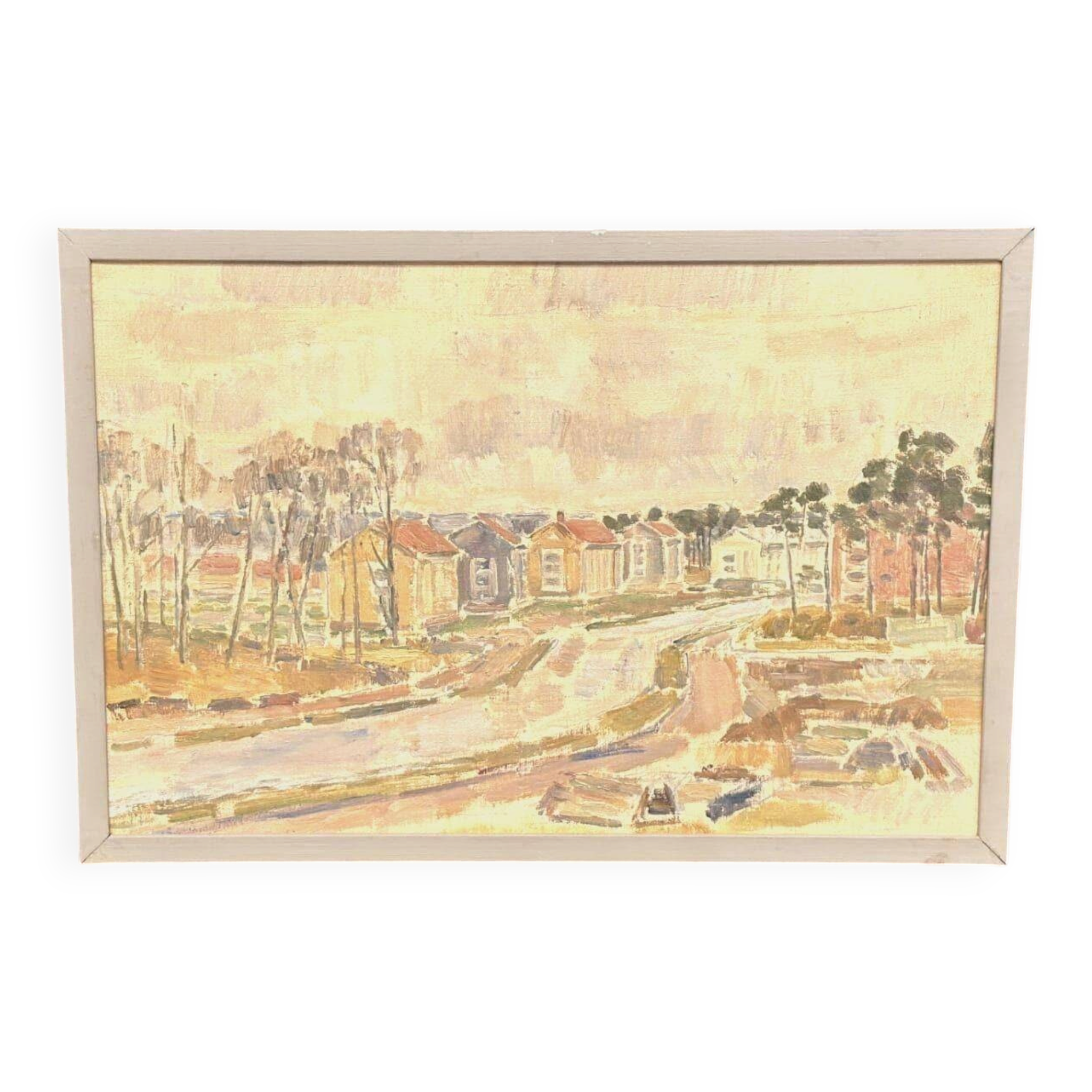 Original Swedish Oil On Panel – “Seaside Town” – Vintage & Framed – 57 × 39 Cm (22.4" × 15.4")