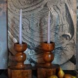 Pair of old brutalist turned solid wood candlesticks