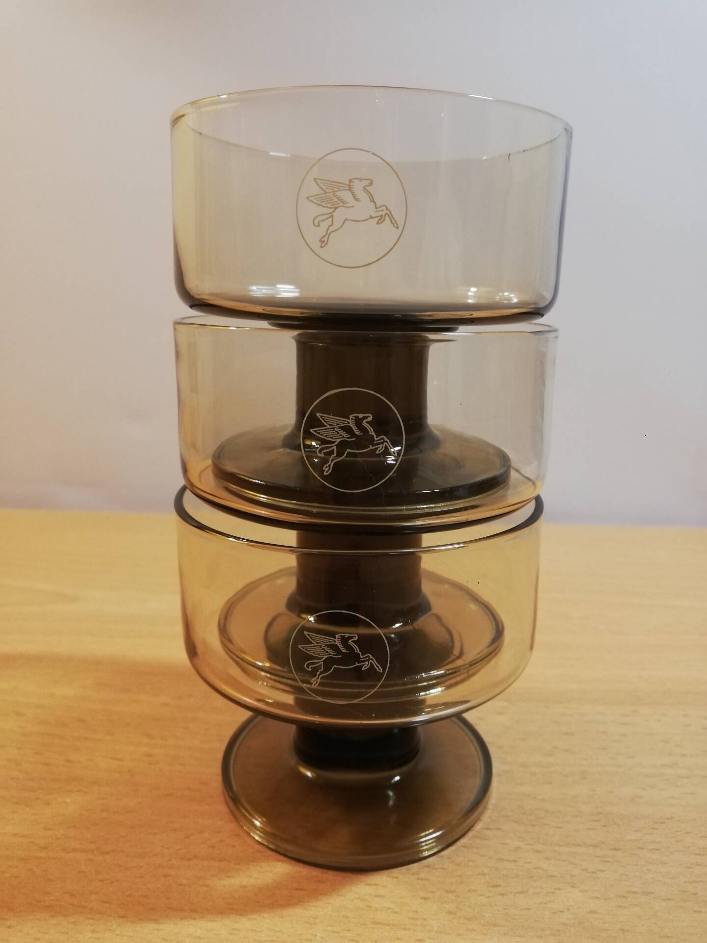 Set of 3 vintage 1970s brown smoked glass cups Pegasus Mobil.