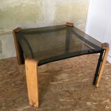 Table basse scandinave en verre fumé carrée pieds métal/bois