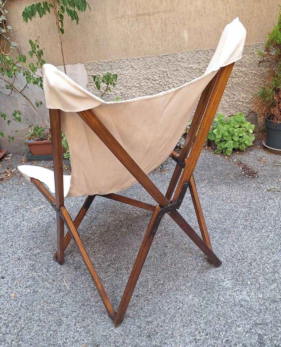 Fauteuil pliant modèle Tripolina en bois, fer et tissu pour Citterio, années 1970.
